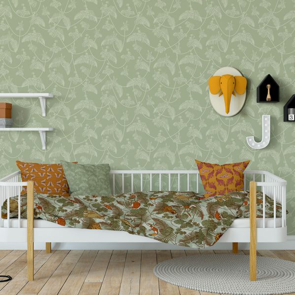 Nursery mockup with kids furniture and home decor items with different patterns from the Retro Jungle Collection by Elisa Mink.